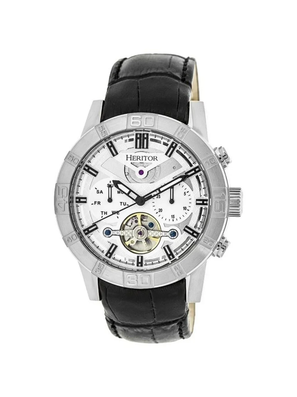 NWT Heritor Hannibal Silver Semi-Skeleton Dial Black Leather Men's Watch